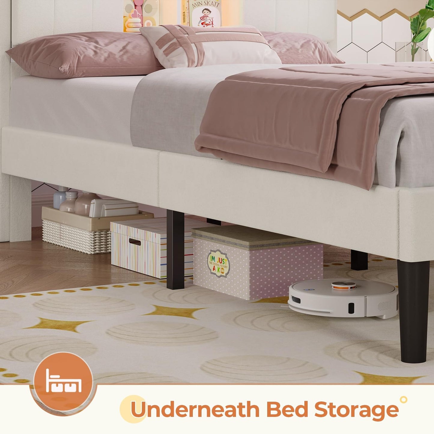 Twin Size LED Bed Frame with Charging Station and Storage Headboard White