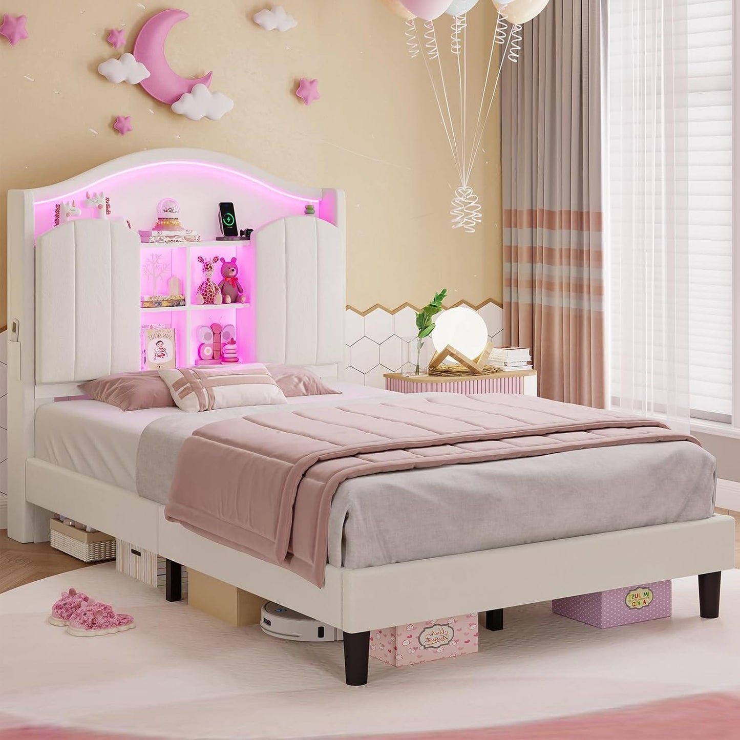 Twin Size LED Bed Frame with Charging Station and Storage Headboard White