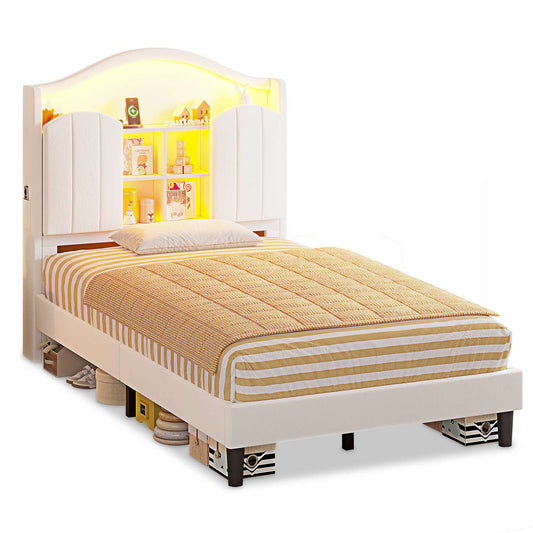 Twin Size LED Bed Frame with Charging Station and Storage Headboard White