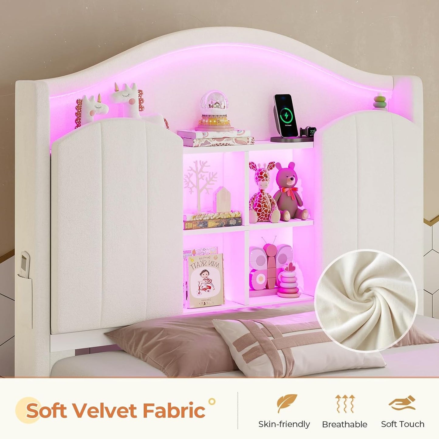 Twin Size LED Bed Frame with Charging Station and Storage Headboard White