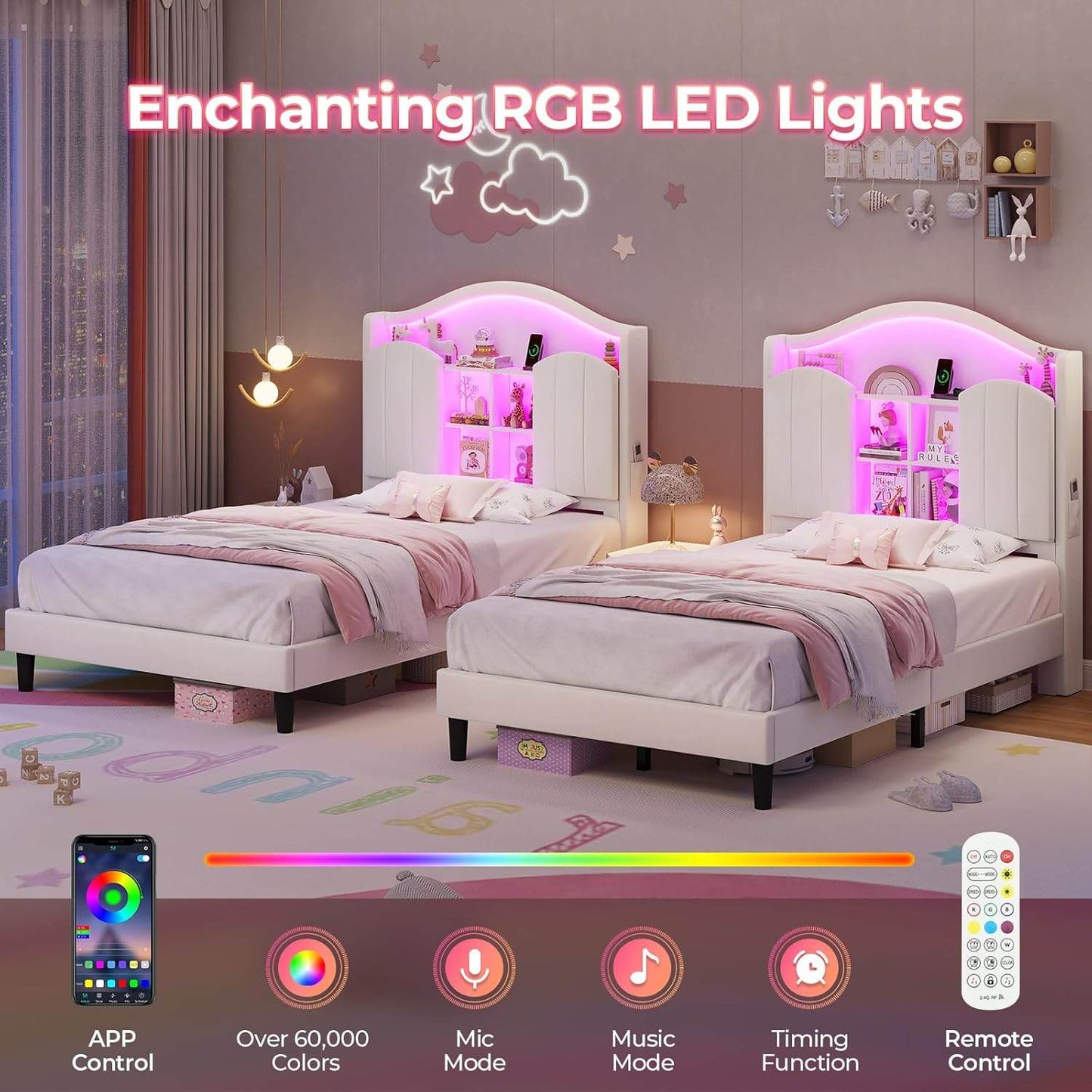 Twin Size LED Bed Frame with Charging Station and Storage Headboard White