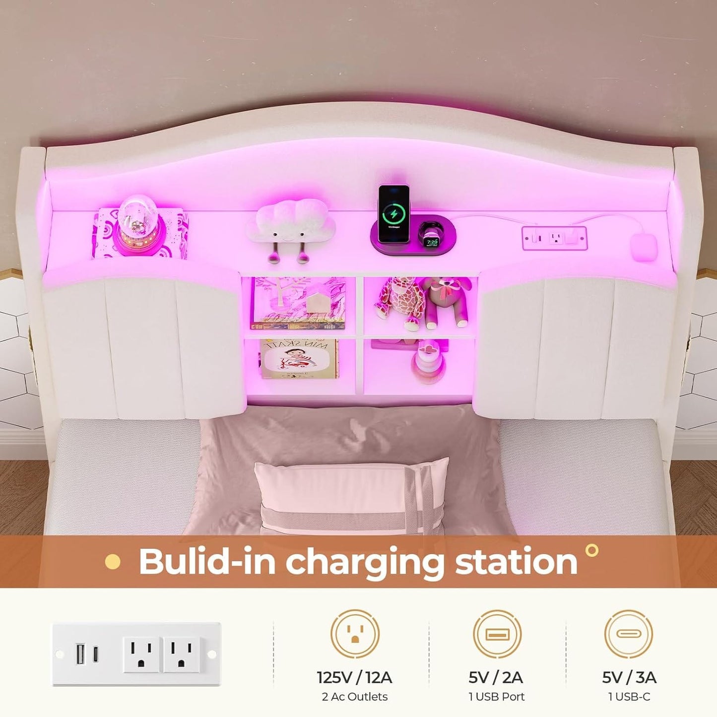 Twin Size LED Bed Frame with Charging Station and Storage Headboard White