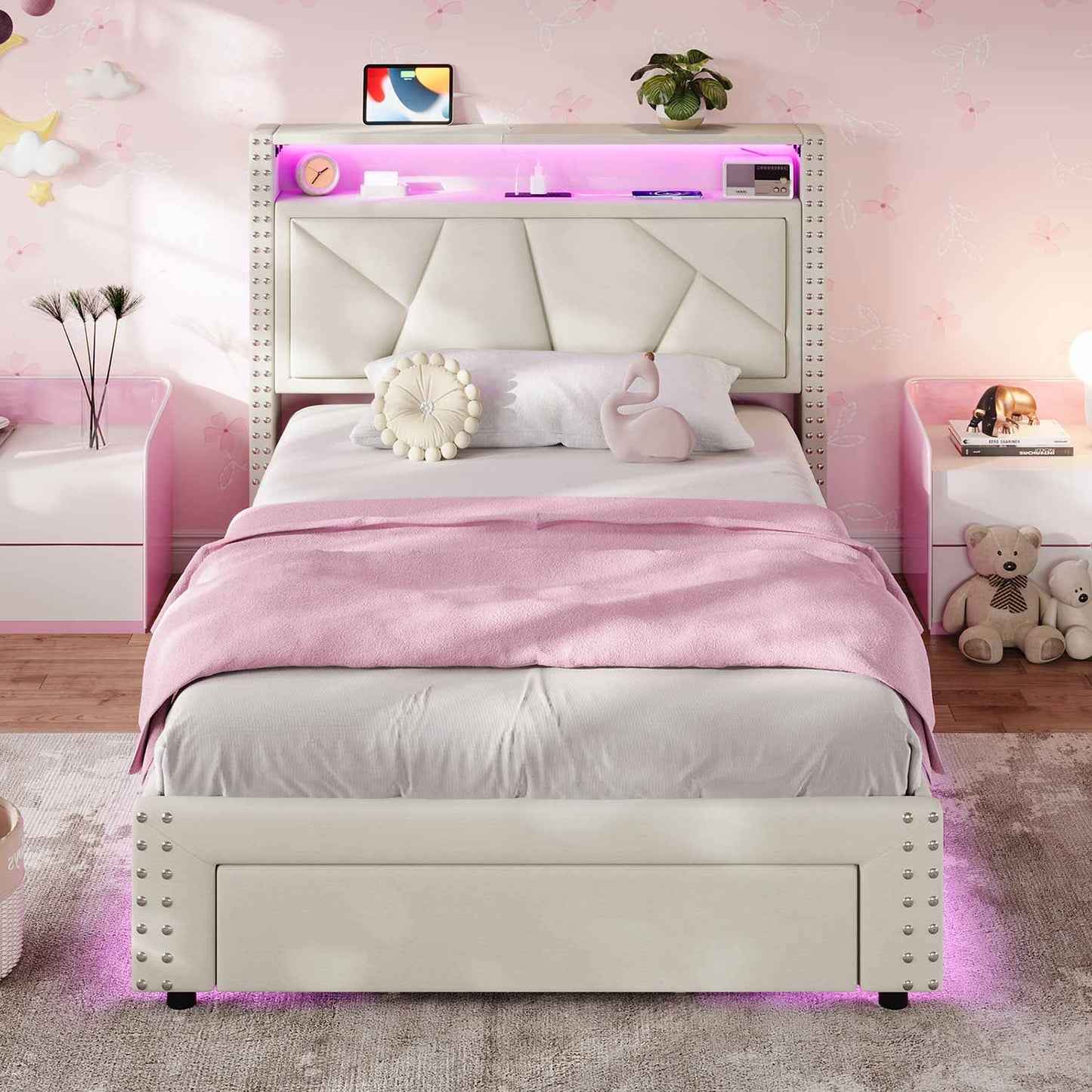 Twin Size Upholstered LED Bed Frame White