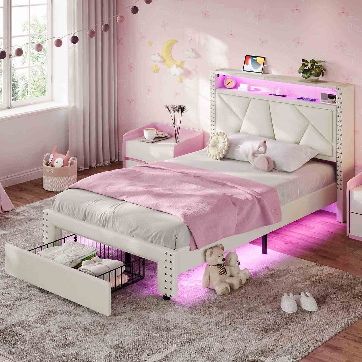 Twin Size Upholstered LED Bed Frame White
