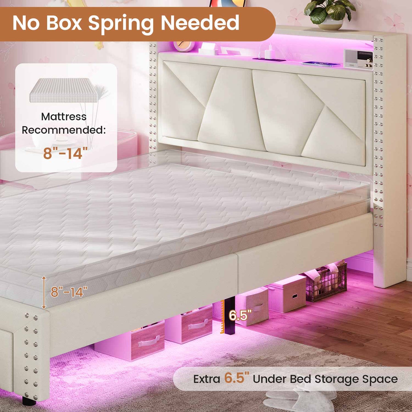 Twin Size Upholstered LED Bed Frame White