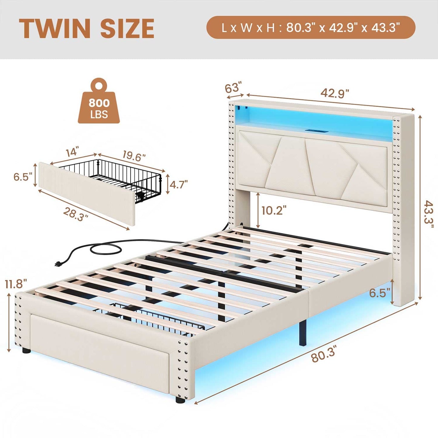 Twin Size Upholstered LED Bed Frame White