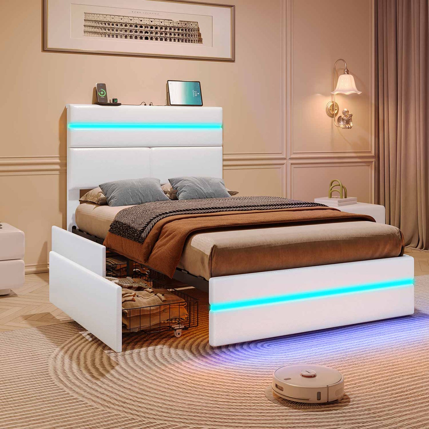 Twin Size PU Leather Upholstered LED Bed Frame White