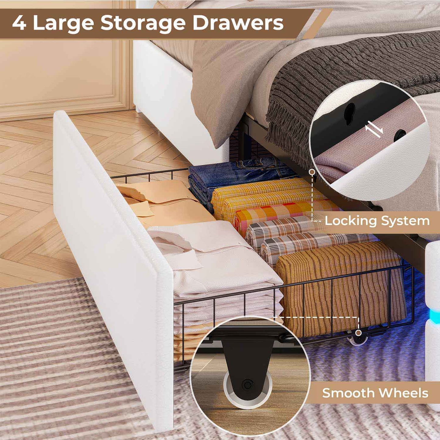 Twin Size PU Leather Upholstered LED Bed Frame White