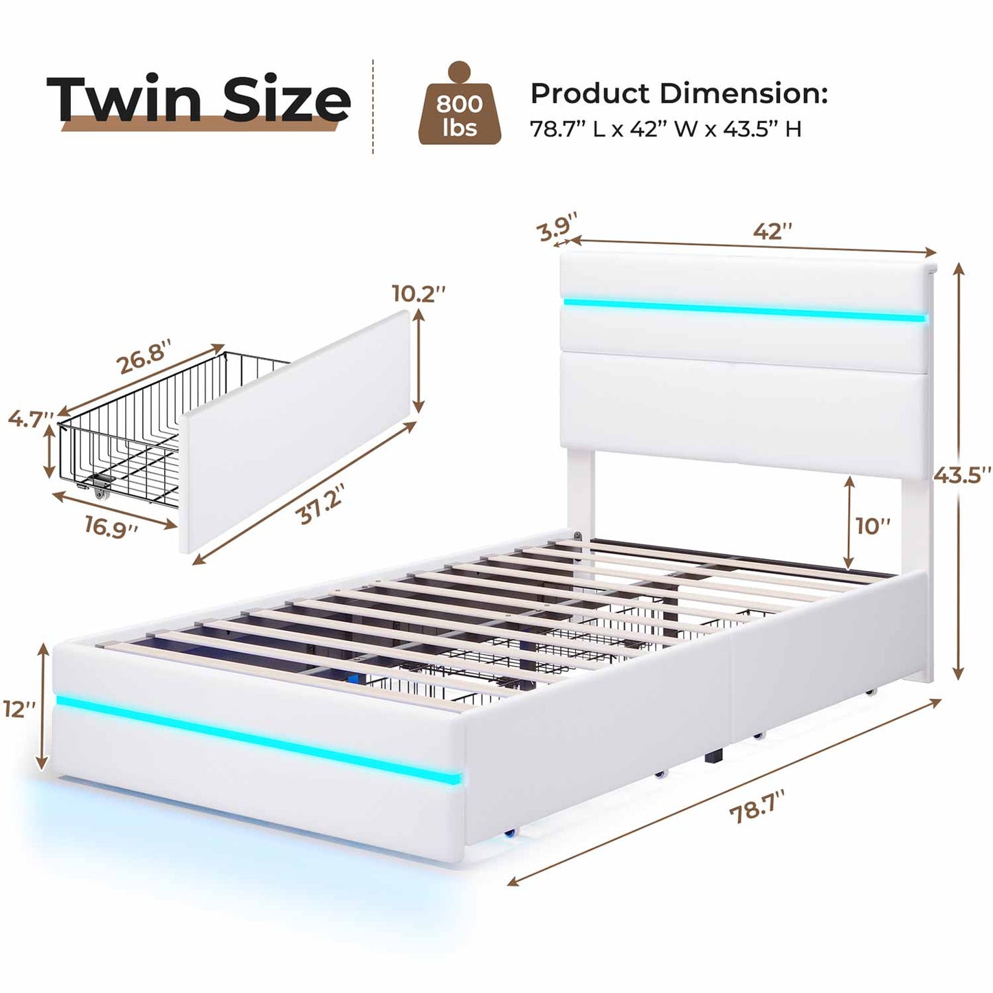 Twin Size PU Leather Upholstered LED Bed Frame White