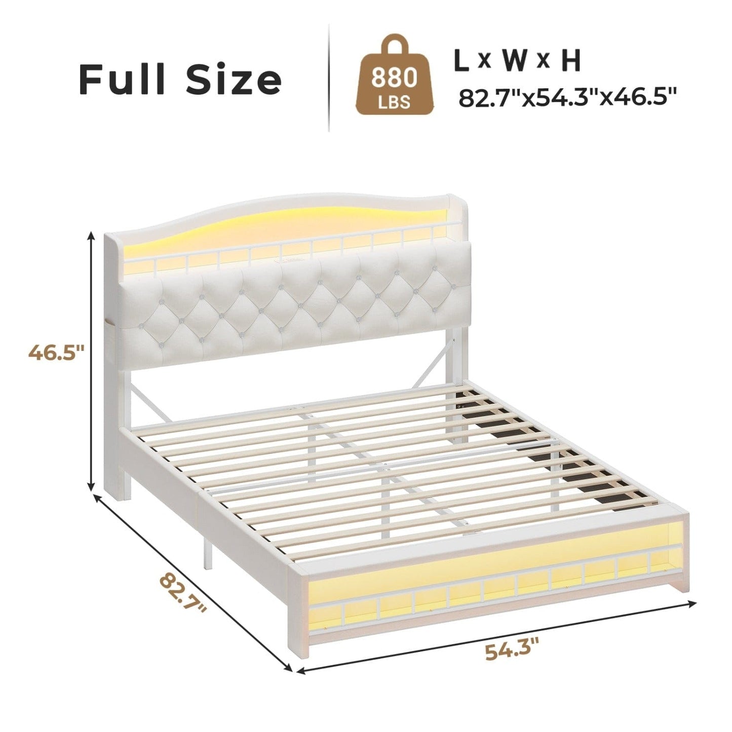 Full Princess Velvet Upholstered LED Bed Frame White
