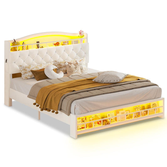 Queen Princess Velvet Upholstered LED Bed Frame White