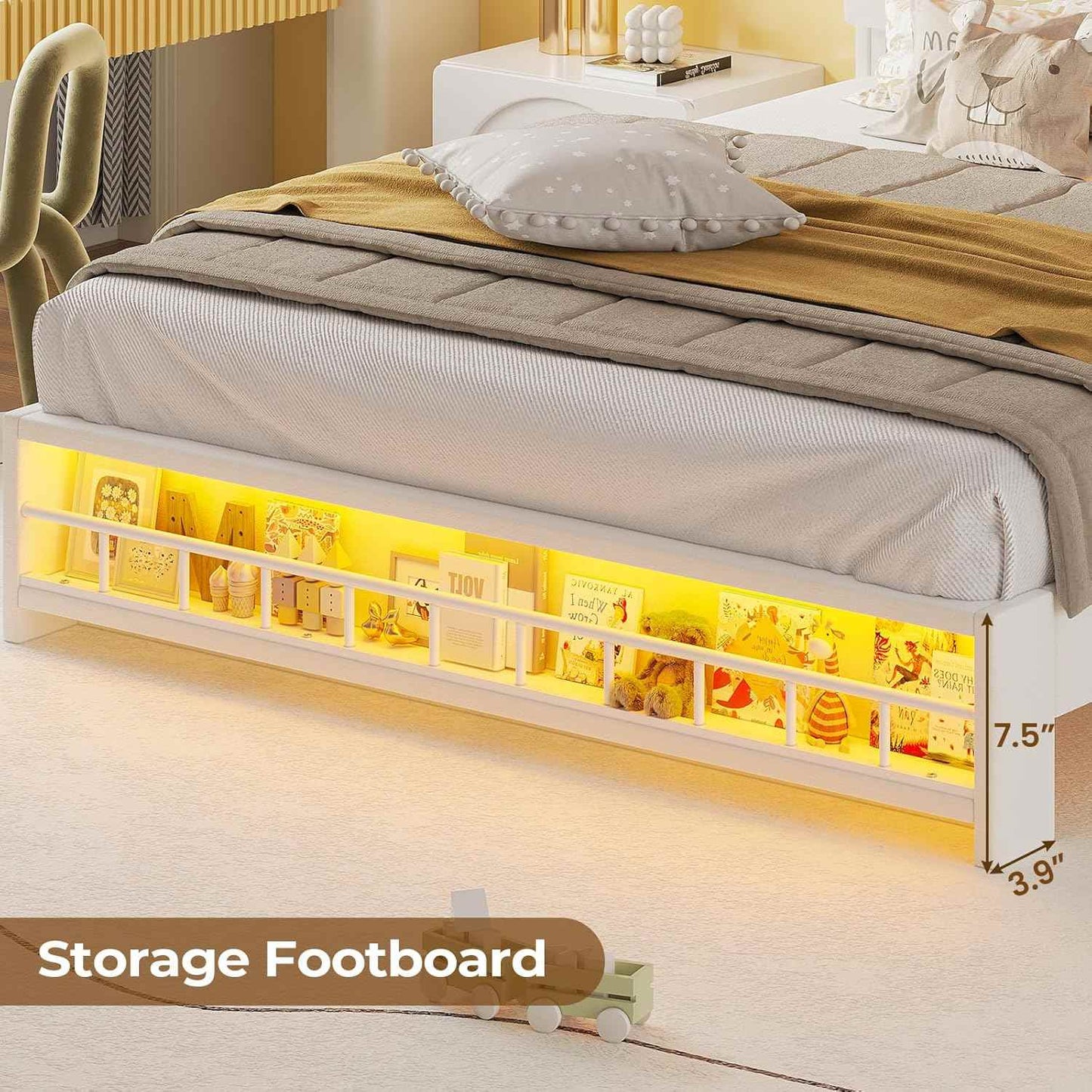 Full Princess Velvet Upholstered LED Bed Frame White
