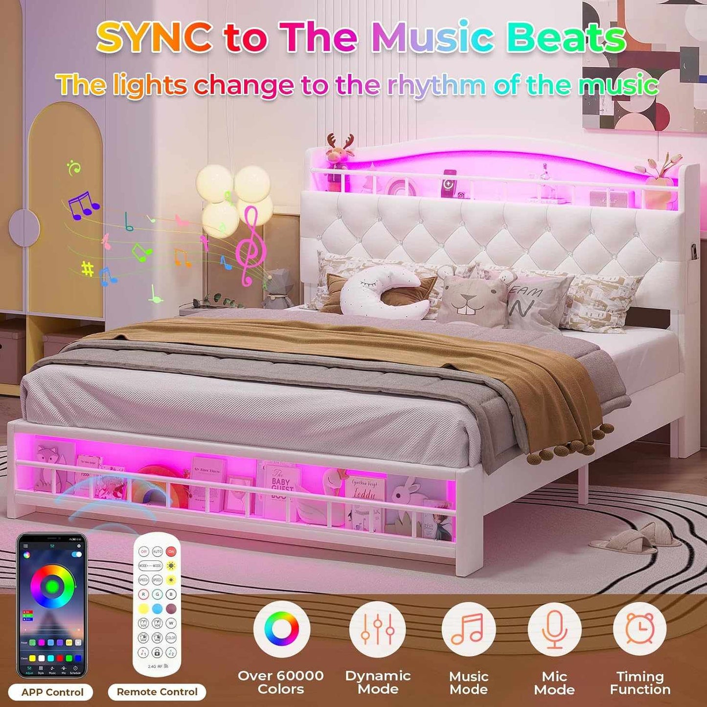Full Princess Velvet Upholstered LED Bed Frame White