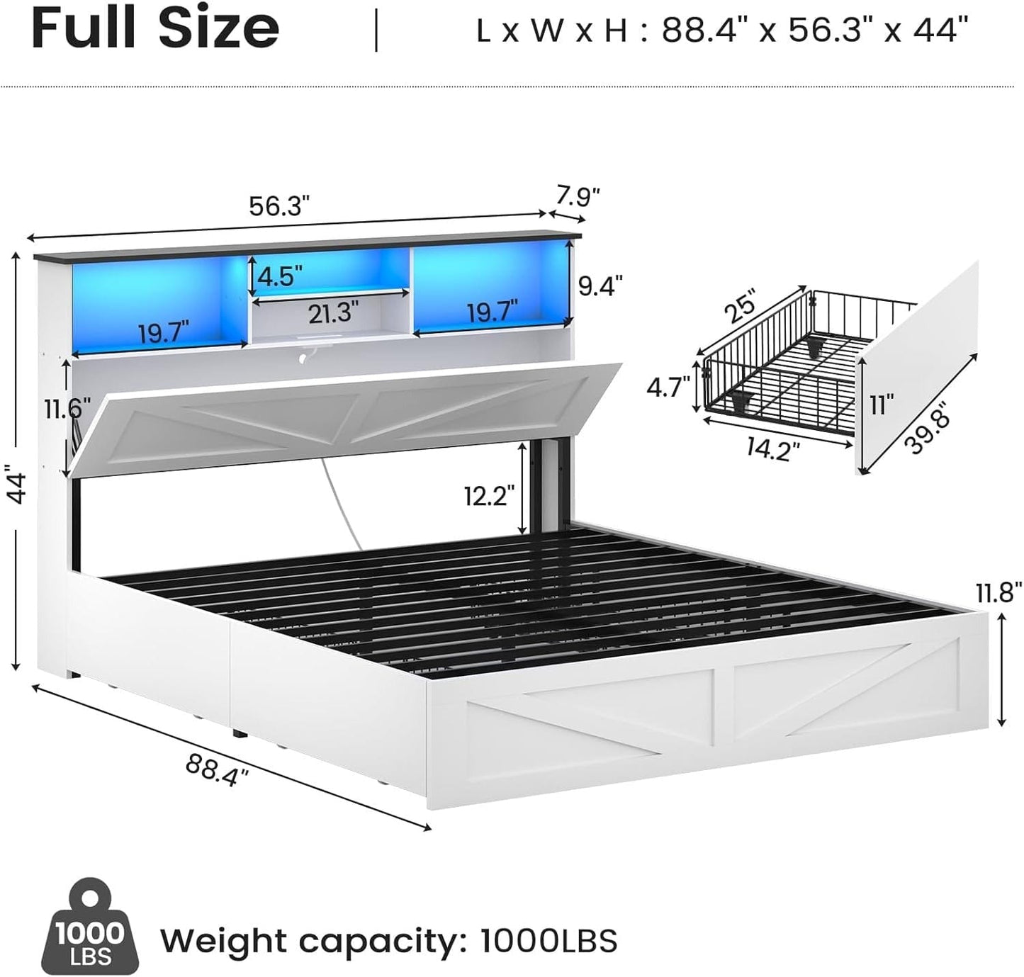 Full Size Bed Frame with 4 Storage Drawers and Charging Station White