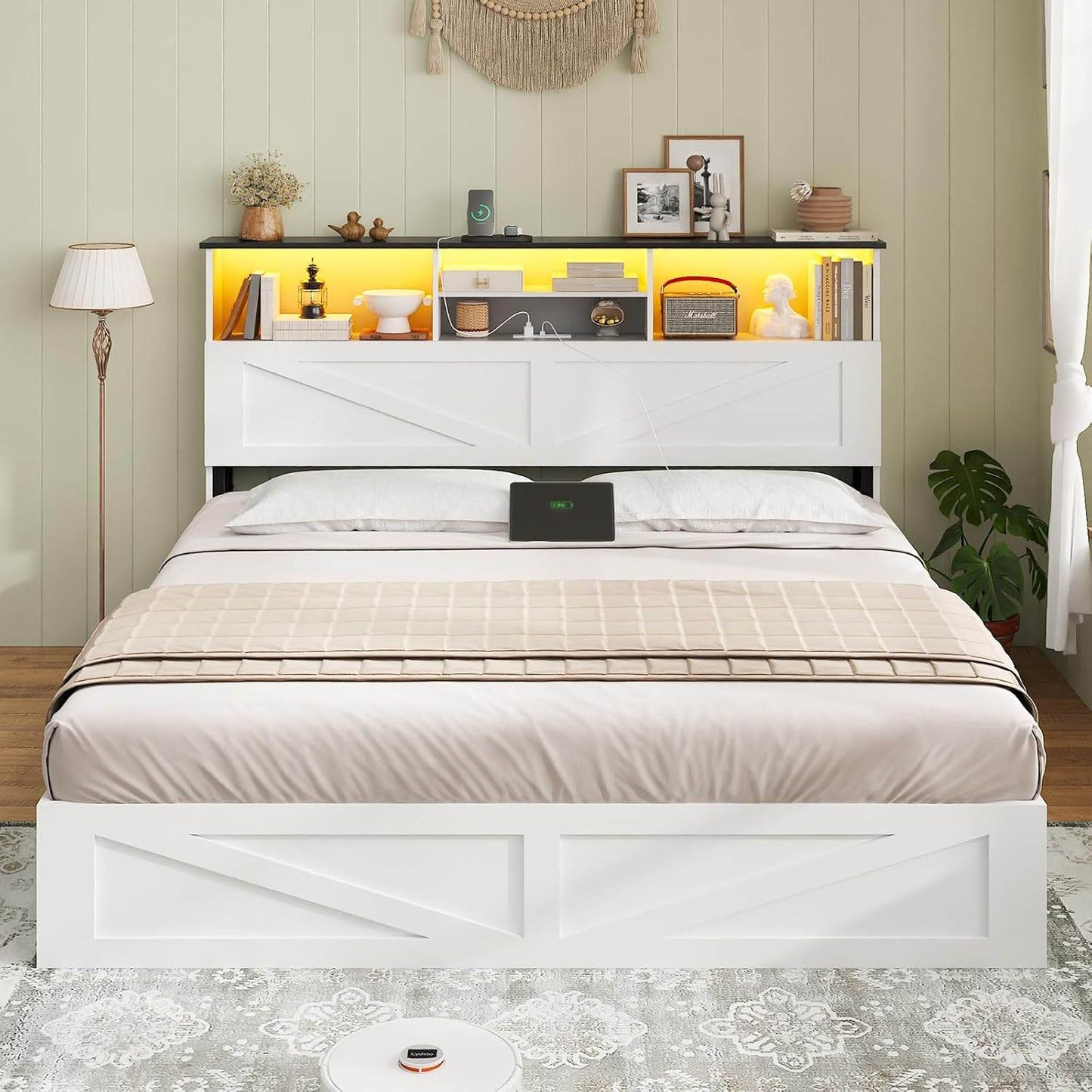 Queen Size Bed Frame with 4 Storage Drawers and Charging Station White
