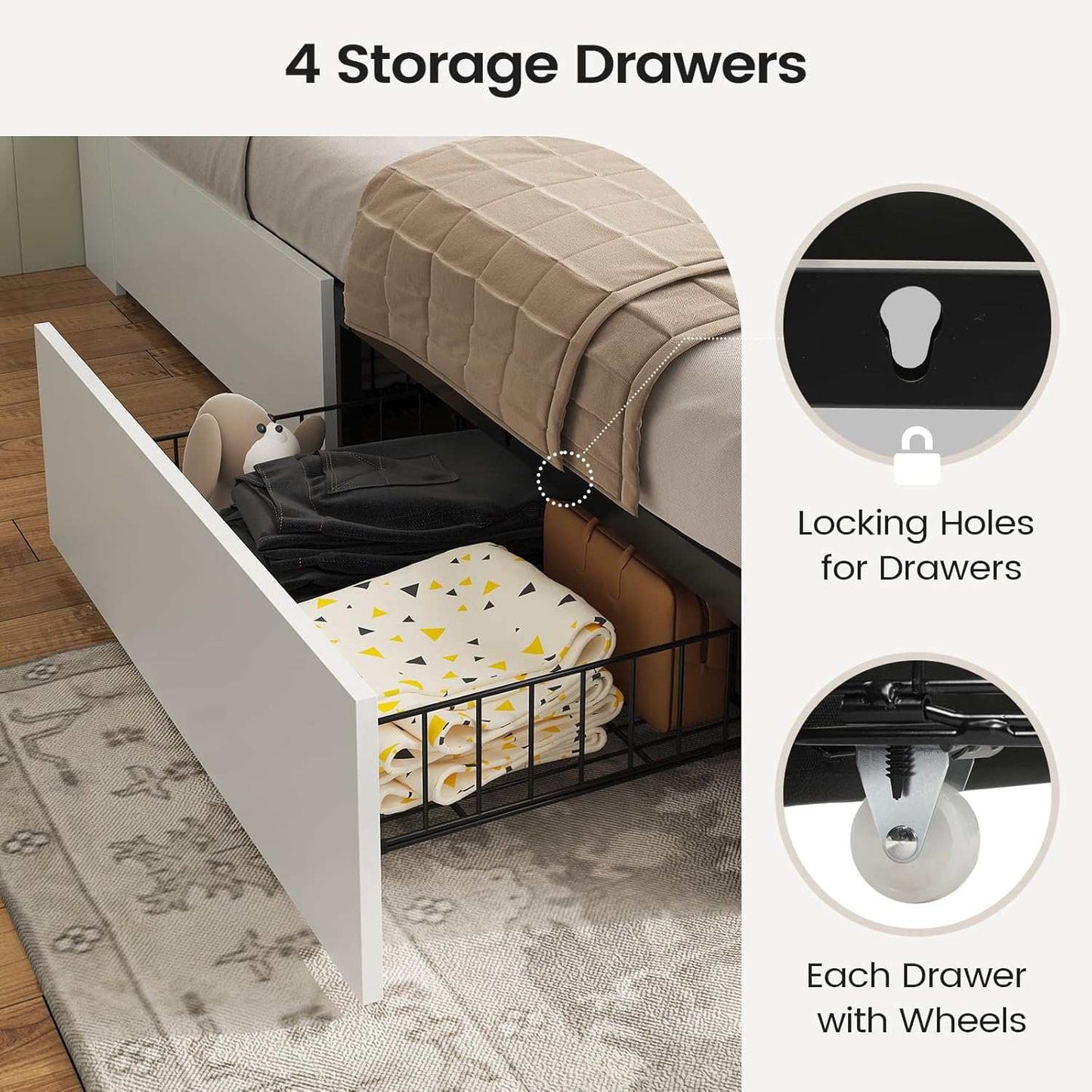 Queen Size Bed Frame with 4 Storage Drawers and Charging Station White