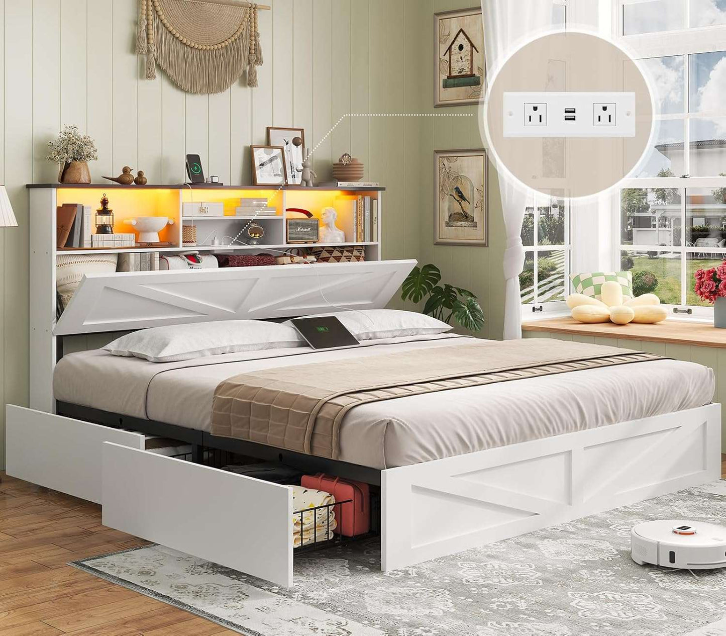 Queen Size Bed Frame with 4 Storage Drawers and Charging Station White