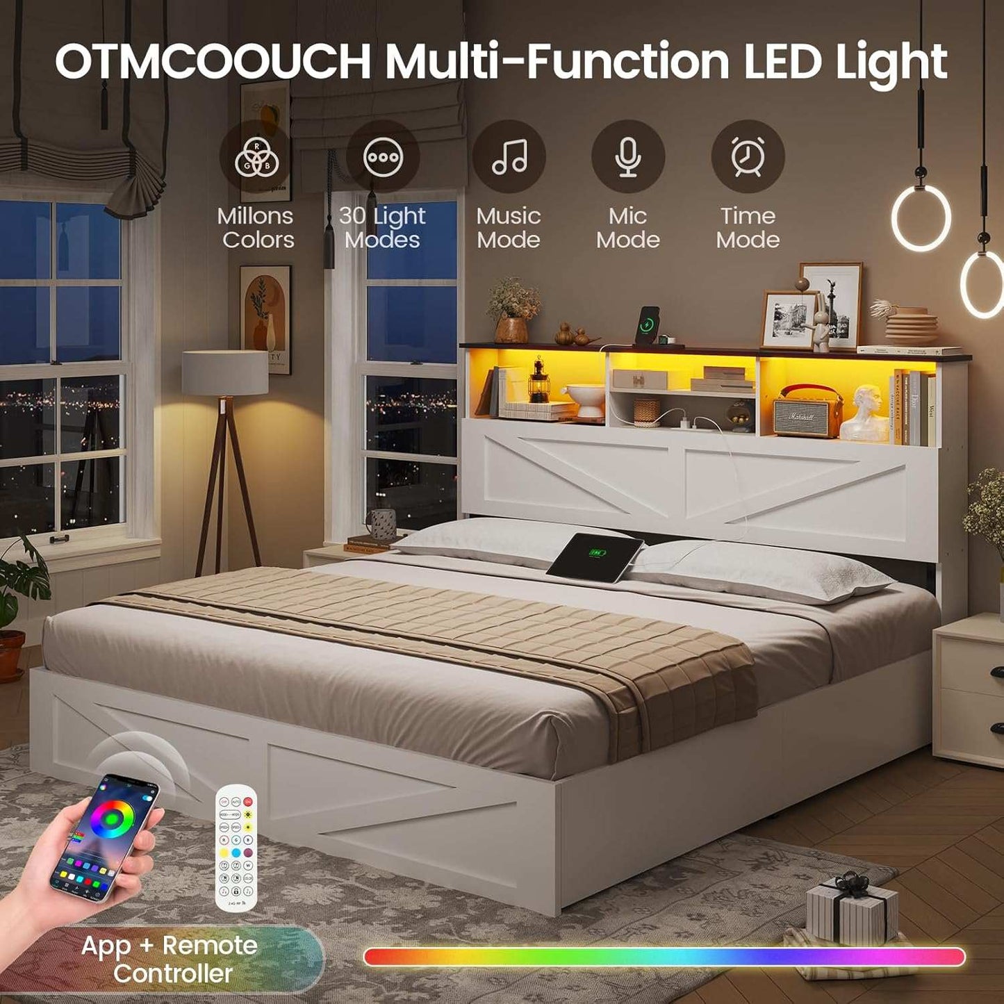 Queen Size Bed Frame with 4 Storage Drawers and Charging Station White