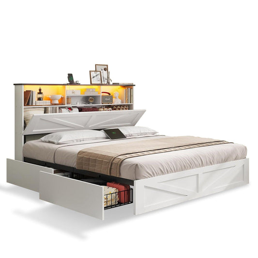 Queen Size Bed Frame with 4 Storage Drawers and Charging Station White