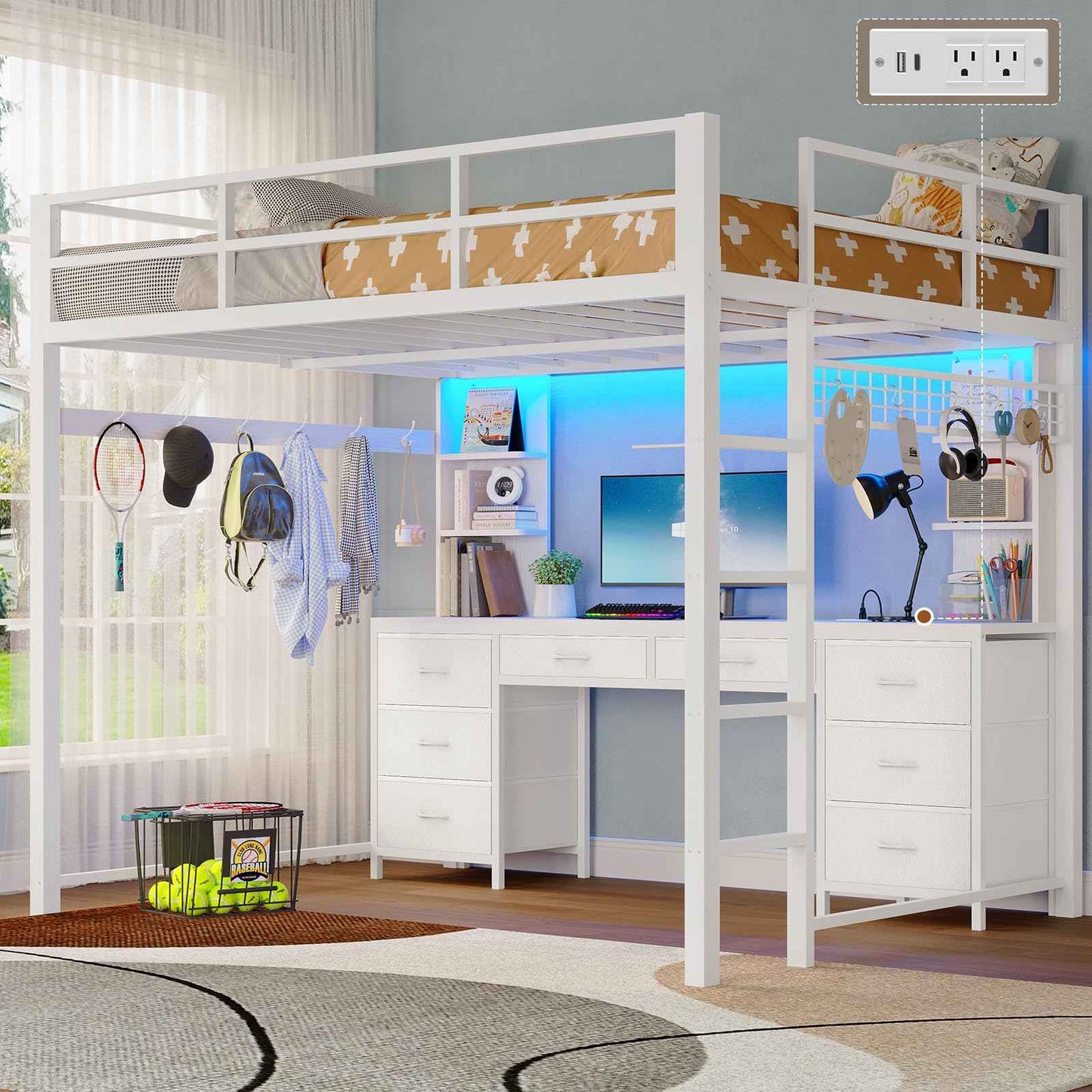 Full Size LED Loft Bed Frame with L-Shaped Desk White