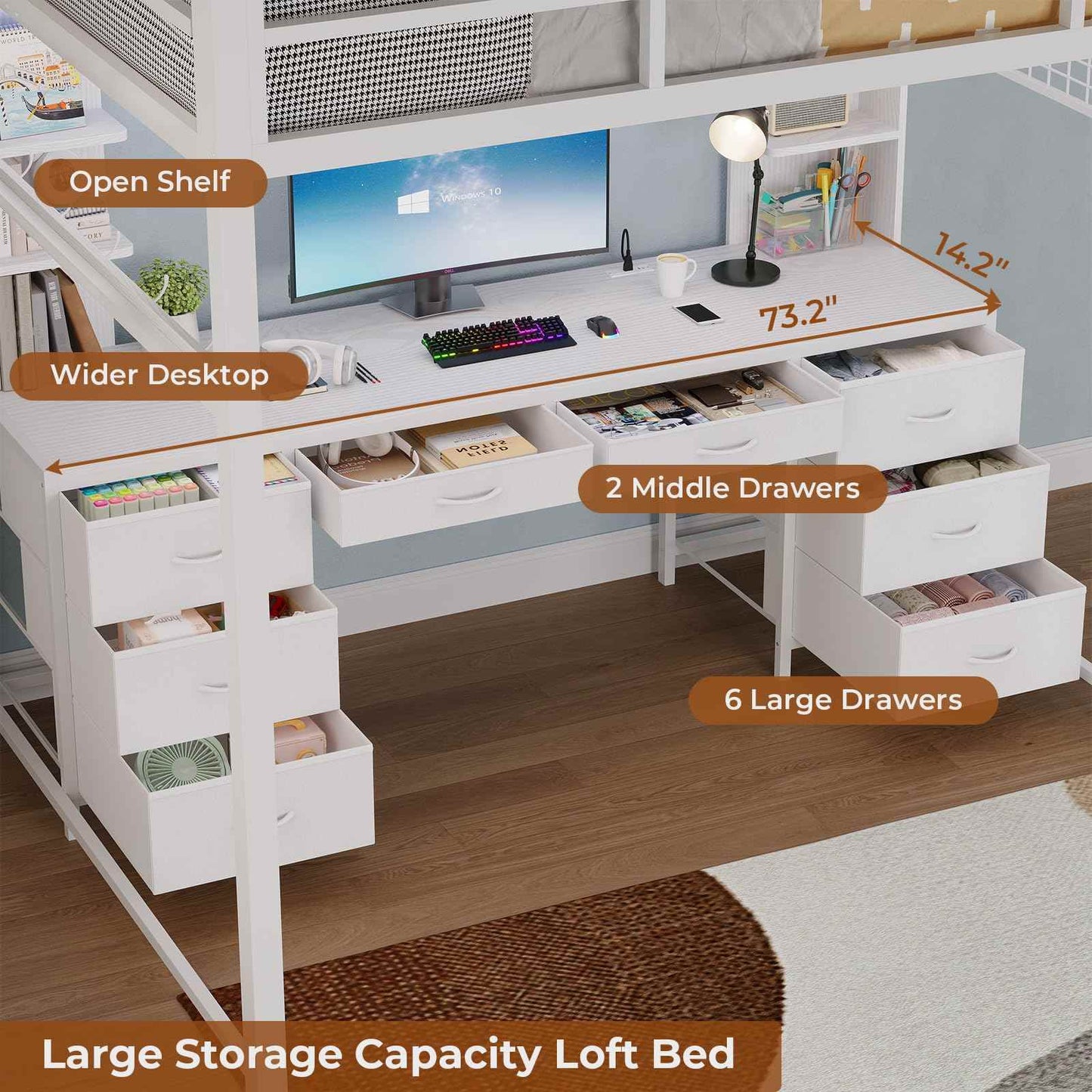 Full Size LED Loft Bed Frame with L-Shaped Desk White