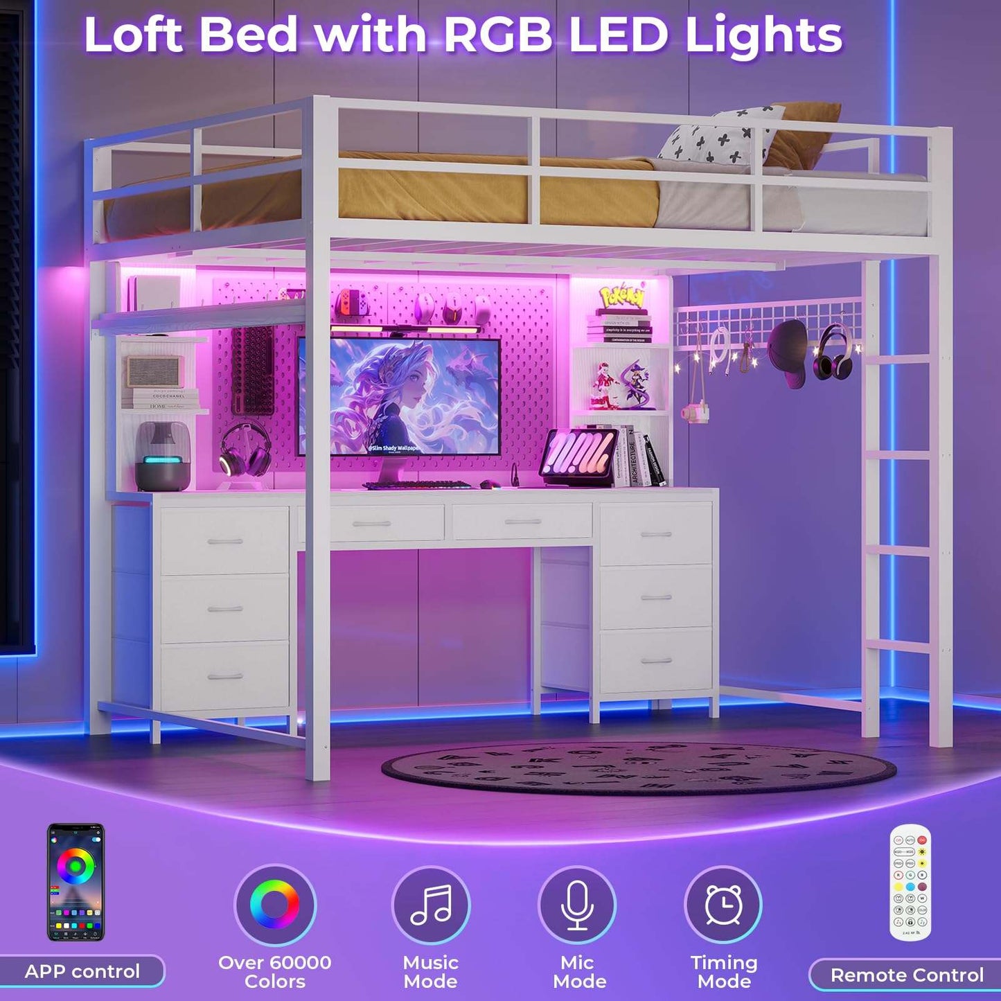 Full Size LED Loft Bed Frame with L-Shaped Desk White