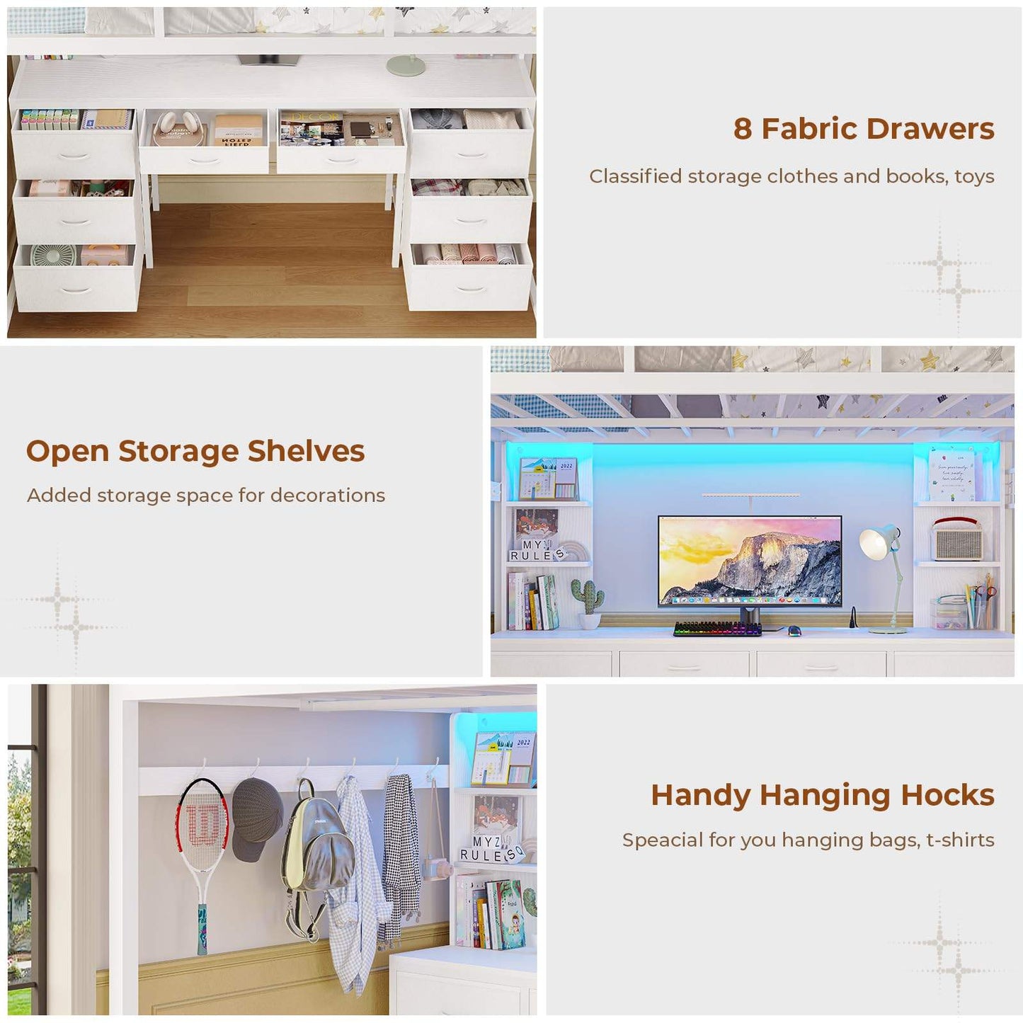 Full Size LED Loft Bed Frame with L-Shaped Desk White