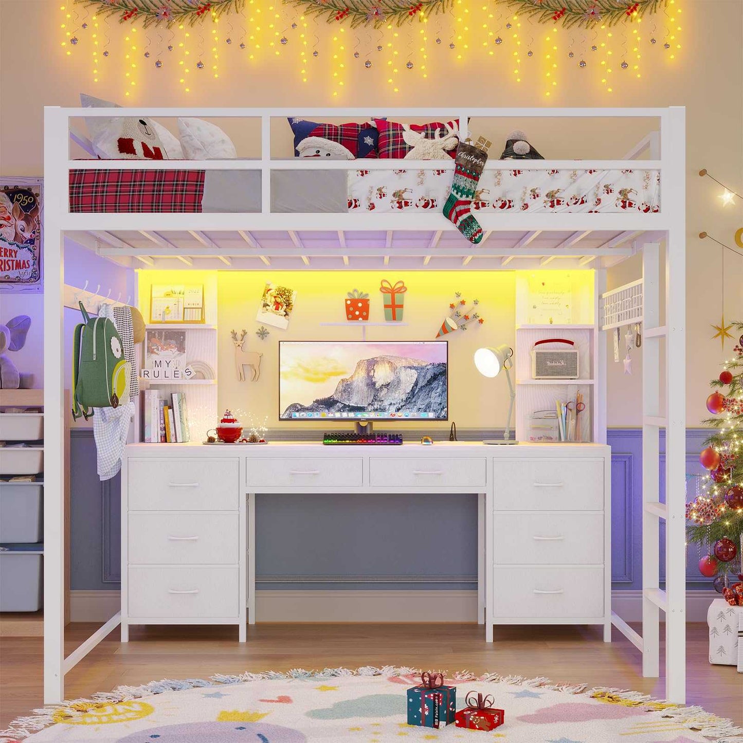 Full Size LED Loft Bed Frame with L-Shaped Desk White