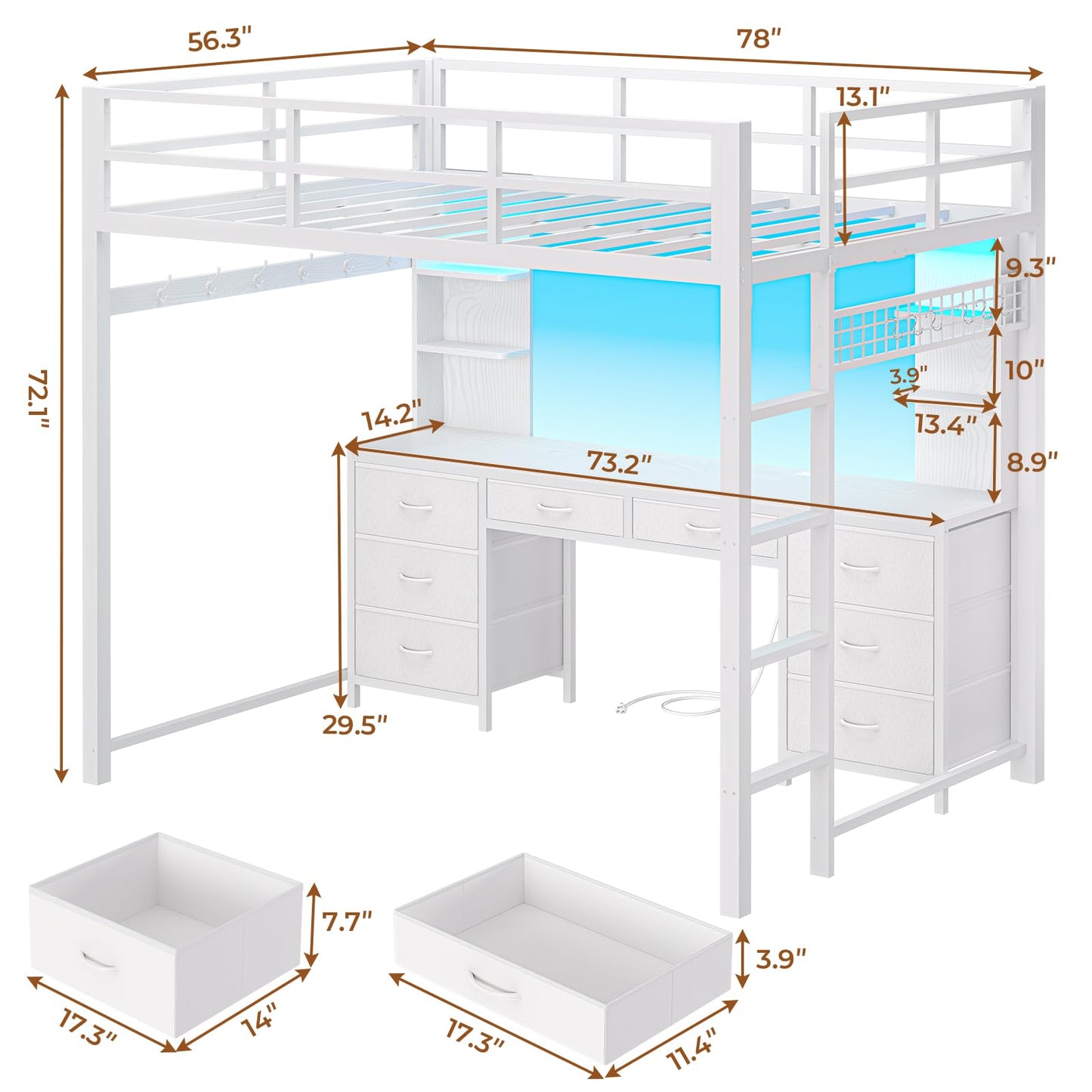Full Size LED Loft Bed Frame with L-Shaped Desk White