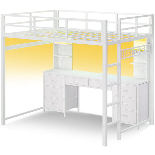 Full Size LED Loft Bed Frame with L-Shaped Desk White
