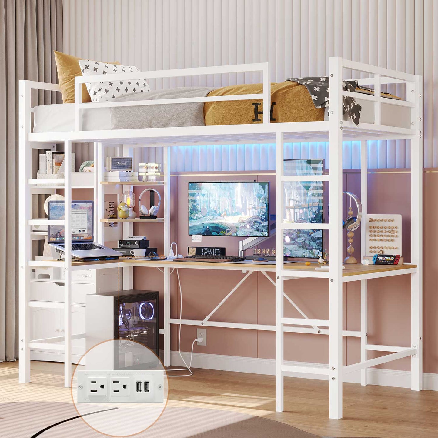 LED Twin Size Metal Loft Bed Frame with U Shaped Desk White