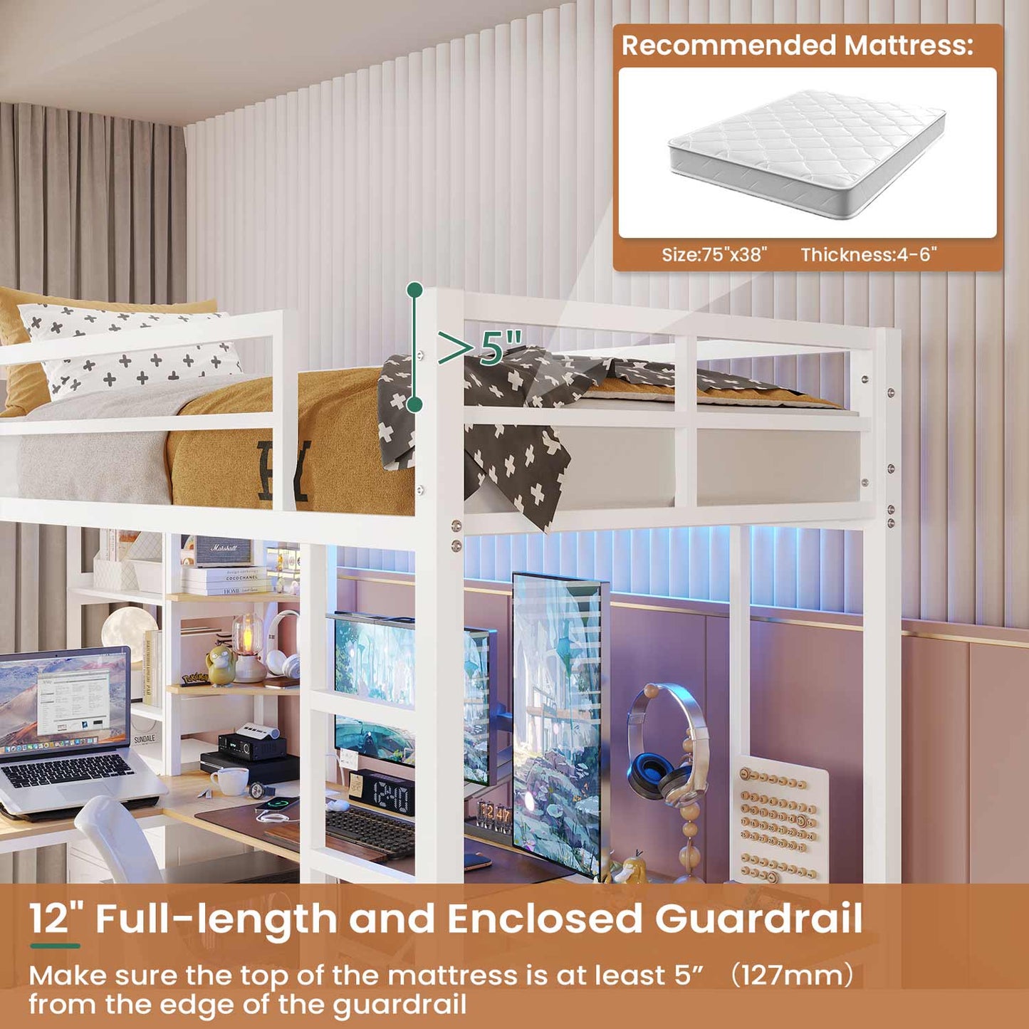 LED Twin Size Metal Loft Bed Frame with U Shaped Desk White
