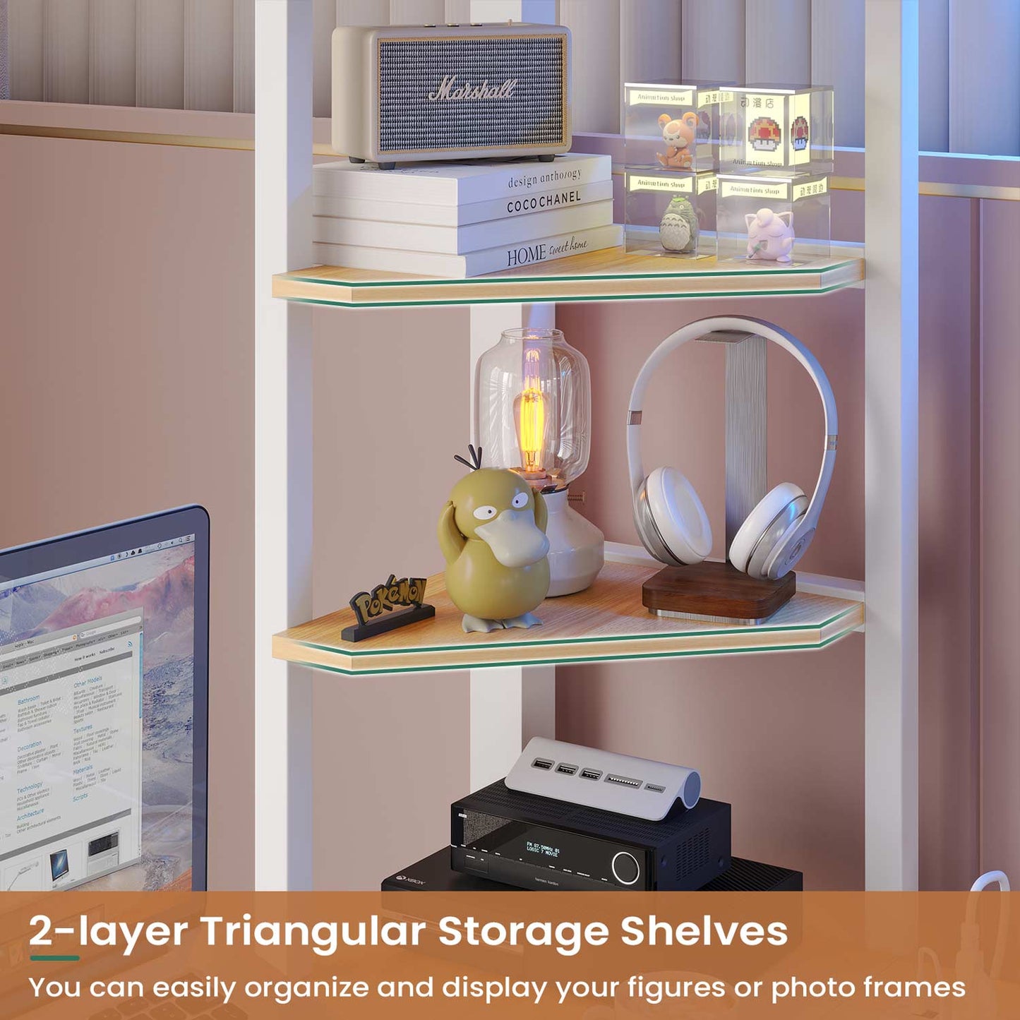 LED Twin Size Metal Loft Bed Frame with U Shaped Desk White