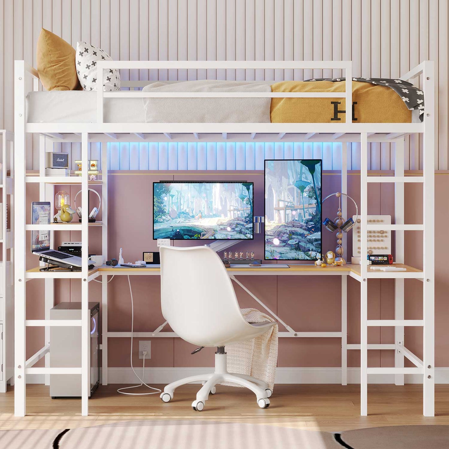 LED Twin Size Metal Loft Bed Frame with U Shaped Desk White
