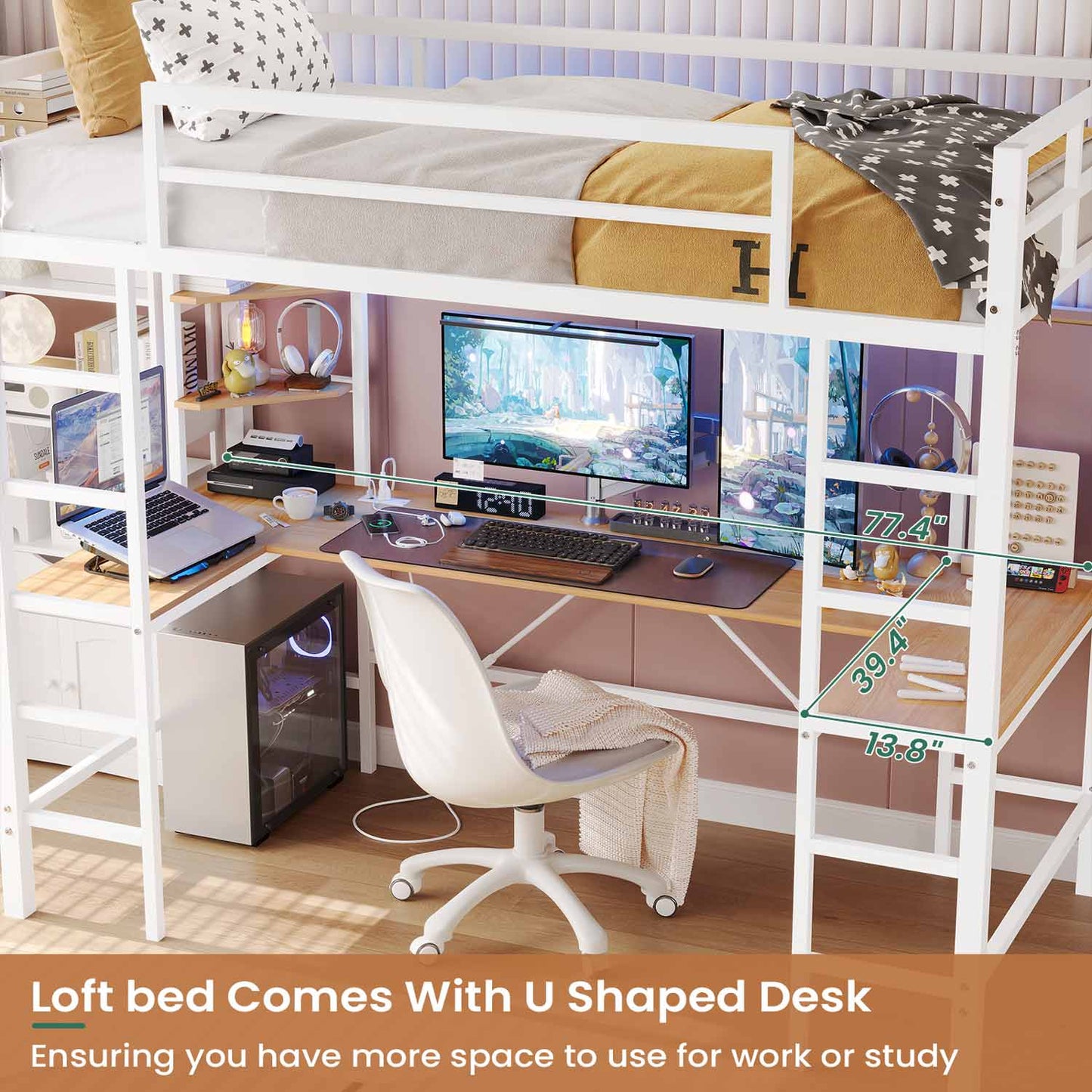 LED Twin Size Metal Loft Bed Frame with U Shaped Desk White
