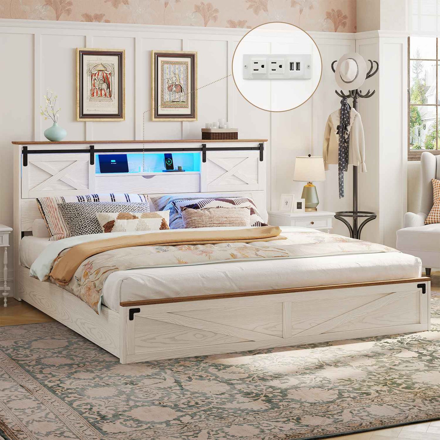 LED Wooden Bed Frame with Storage Headboard White