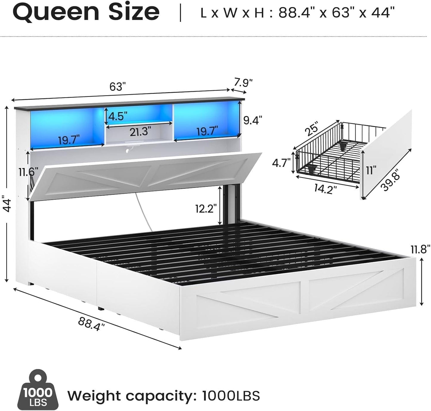Queen Size Bed Frame with 4 Storage Drawers and Charging Station White
