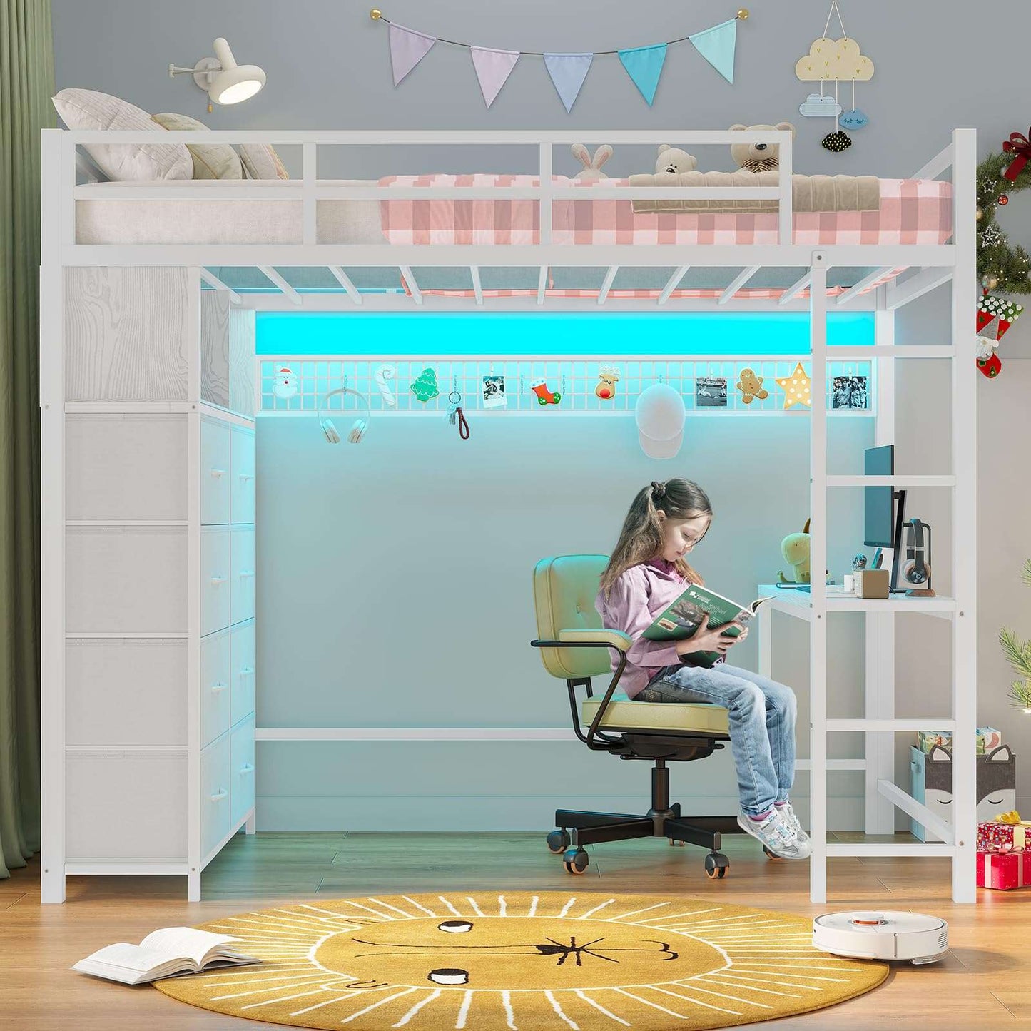 Twin Size LED Loft Bed Frame with Desk and 8 Drawers White