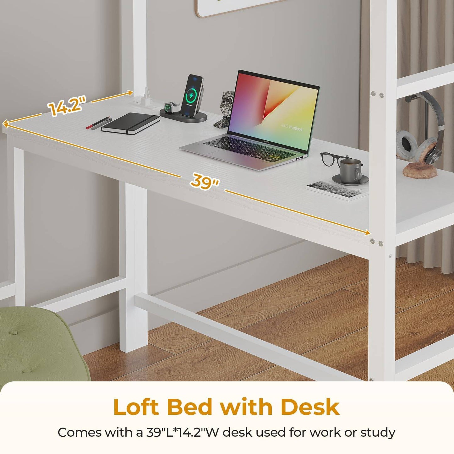 Twin Size LED Loft Bed Frame with Desk and 8 Drawers White