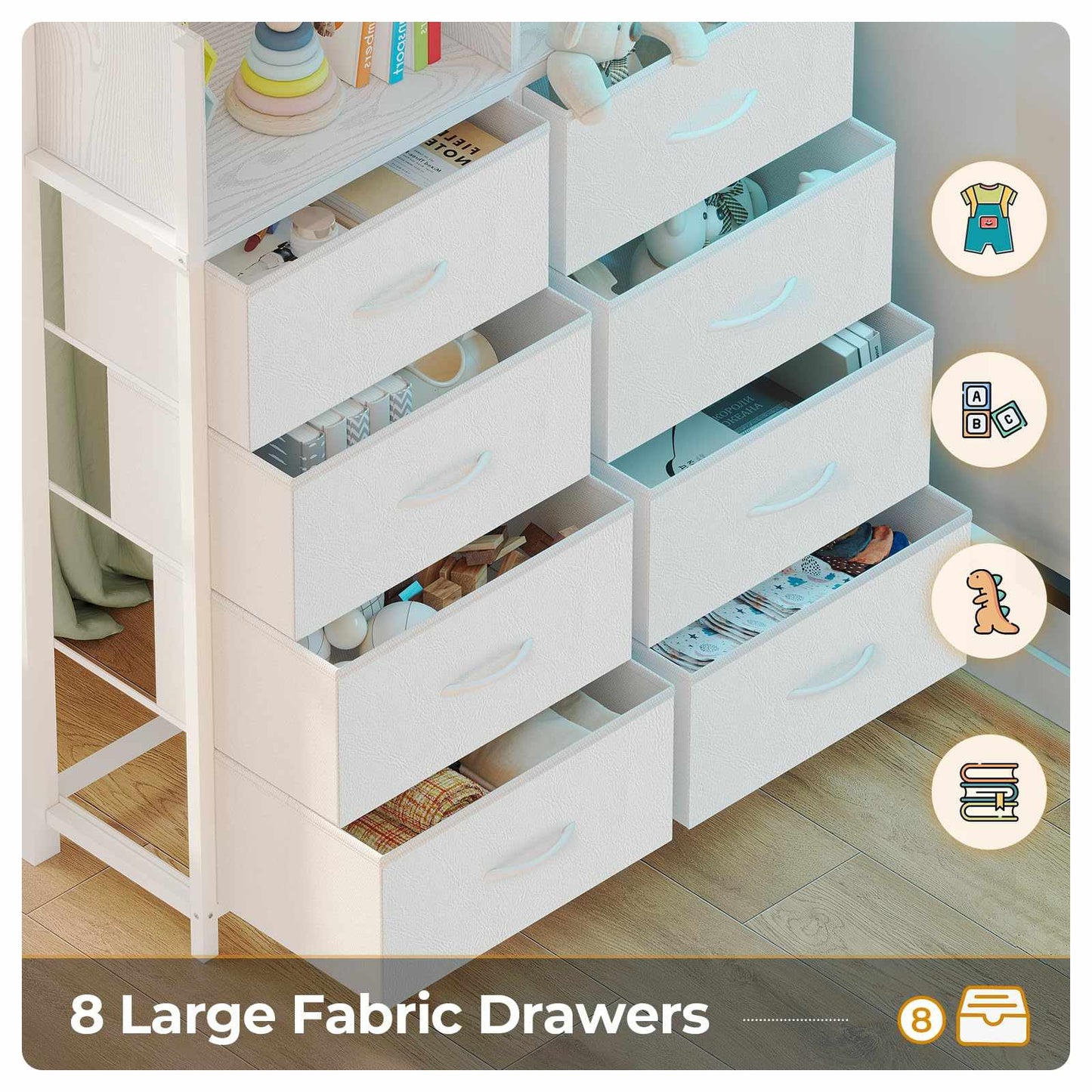 Twin Size LED Loft Bed Frame with Desk and 8 Drawers White