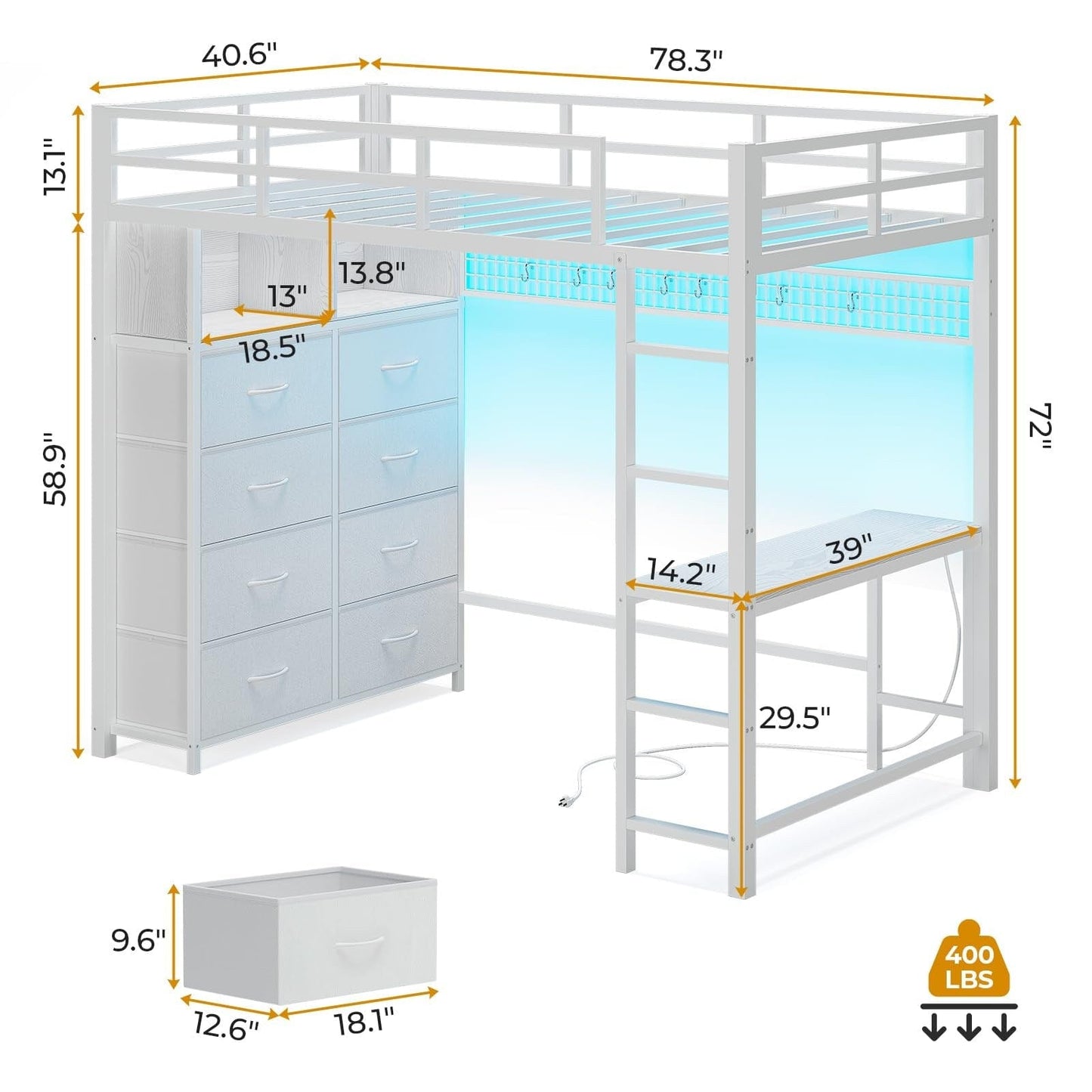Twin Size LED Loft Bed Frame with Desk and 8 Drawers White