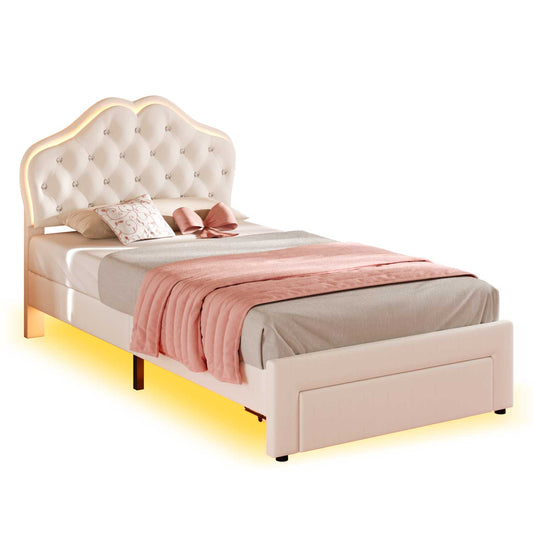 Twin Size Velvet Princess LED Bed Frame White