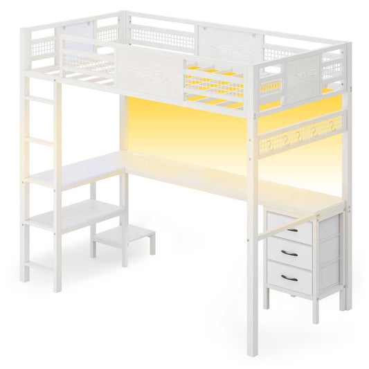 Twin Size Loft Bed Frame with L-Shaped Desk White