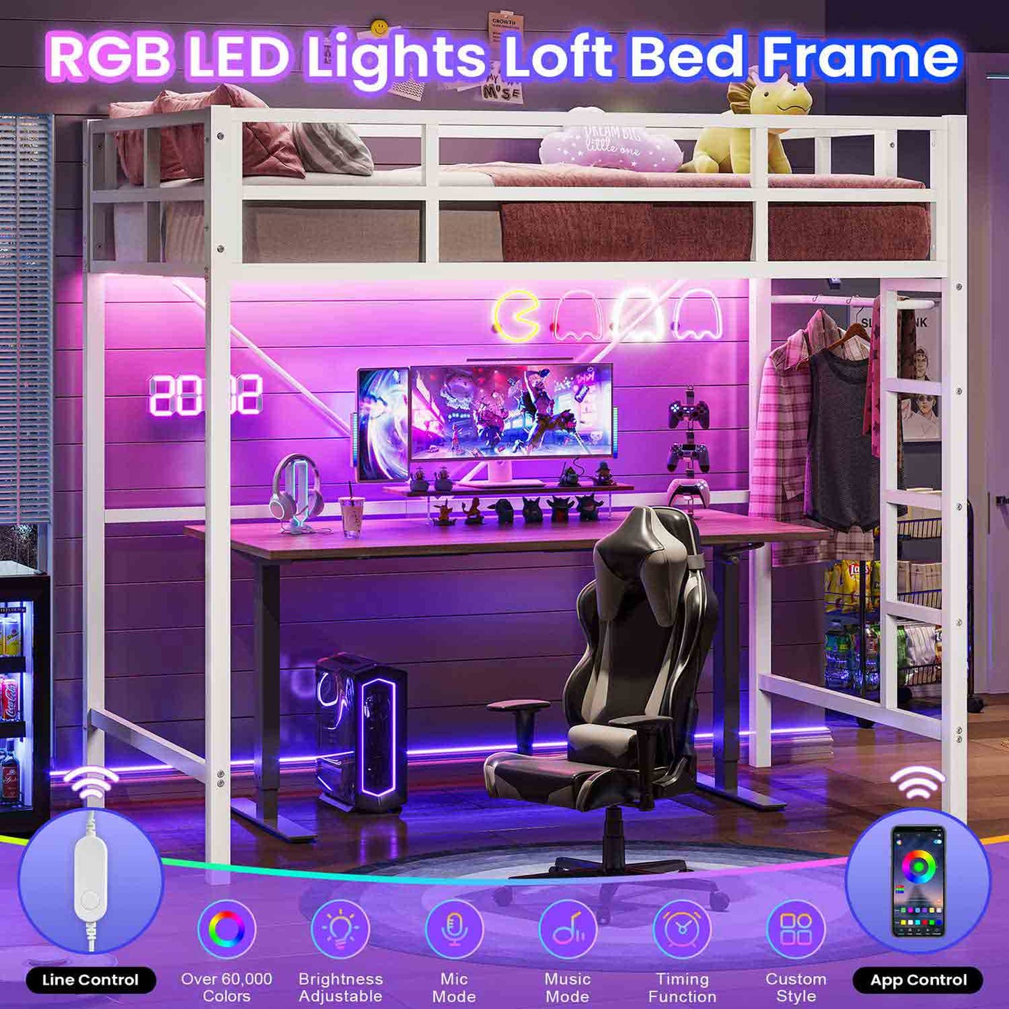 Metal Loft Bed Frame with LED Lights White