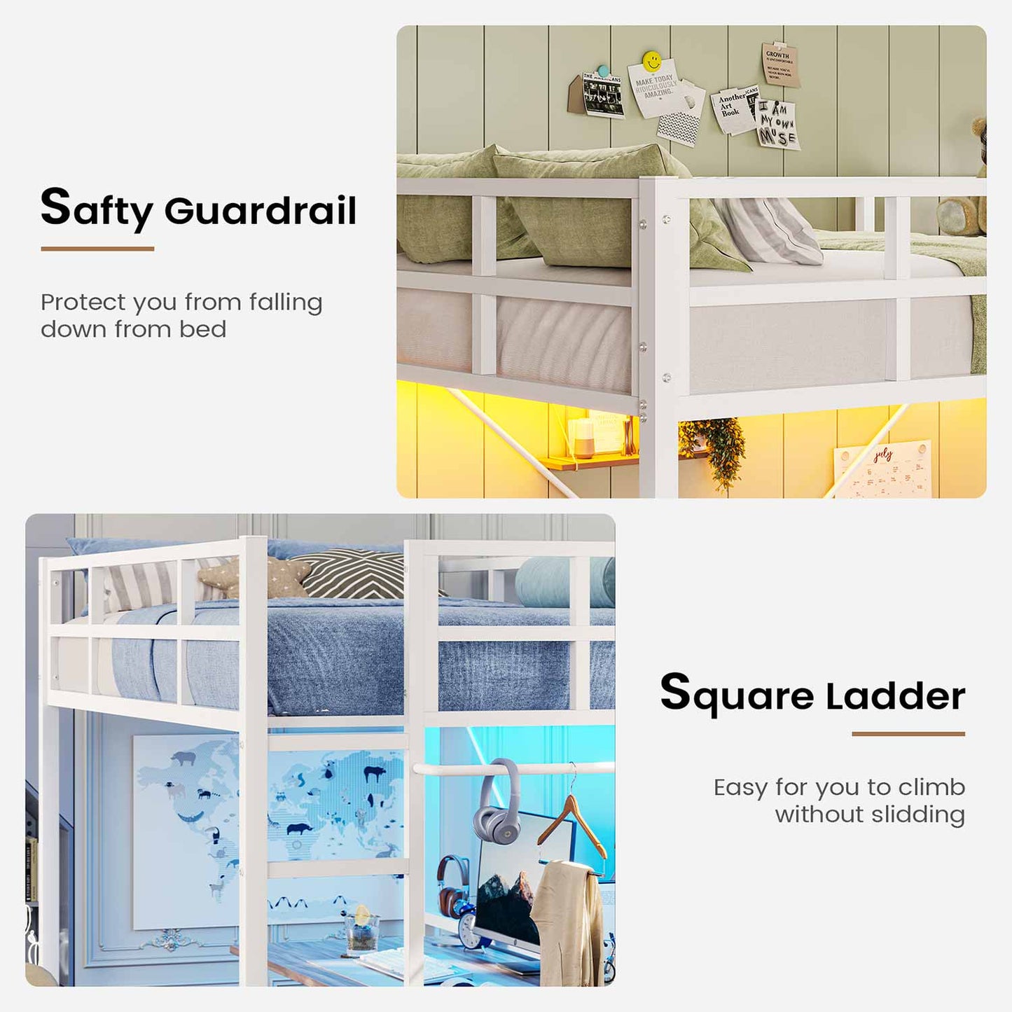 Metal Loft Bed Frame with LED Lights White