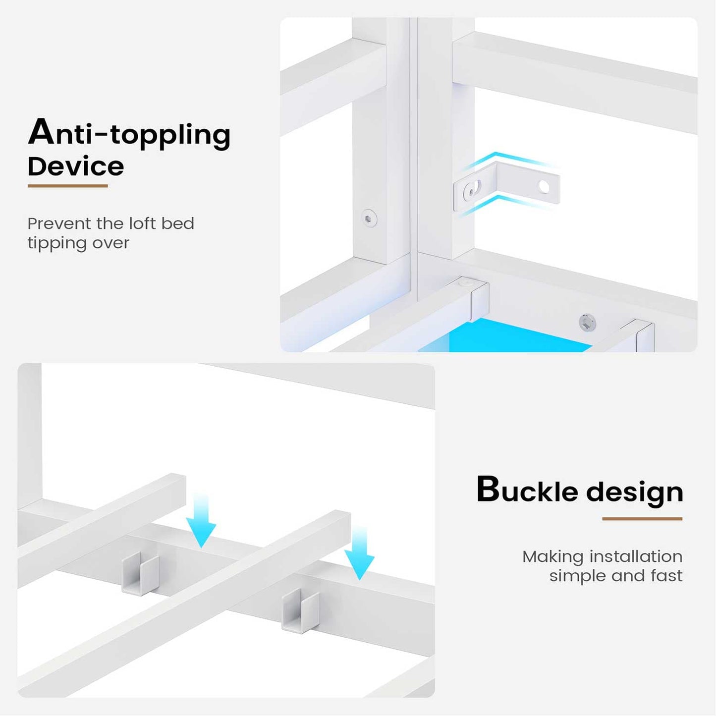 Metal Loft Bed Frame with LED Lights White