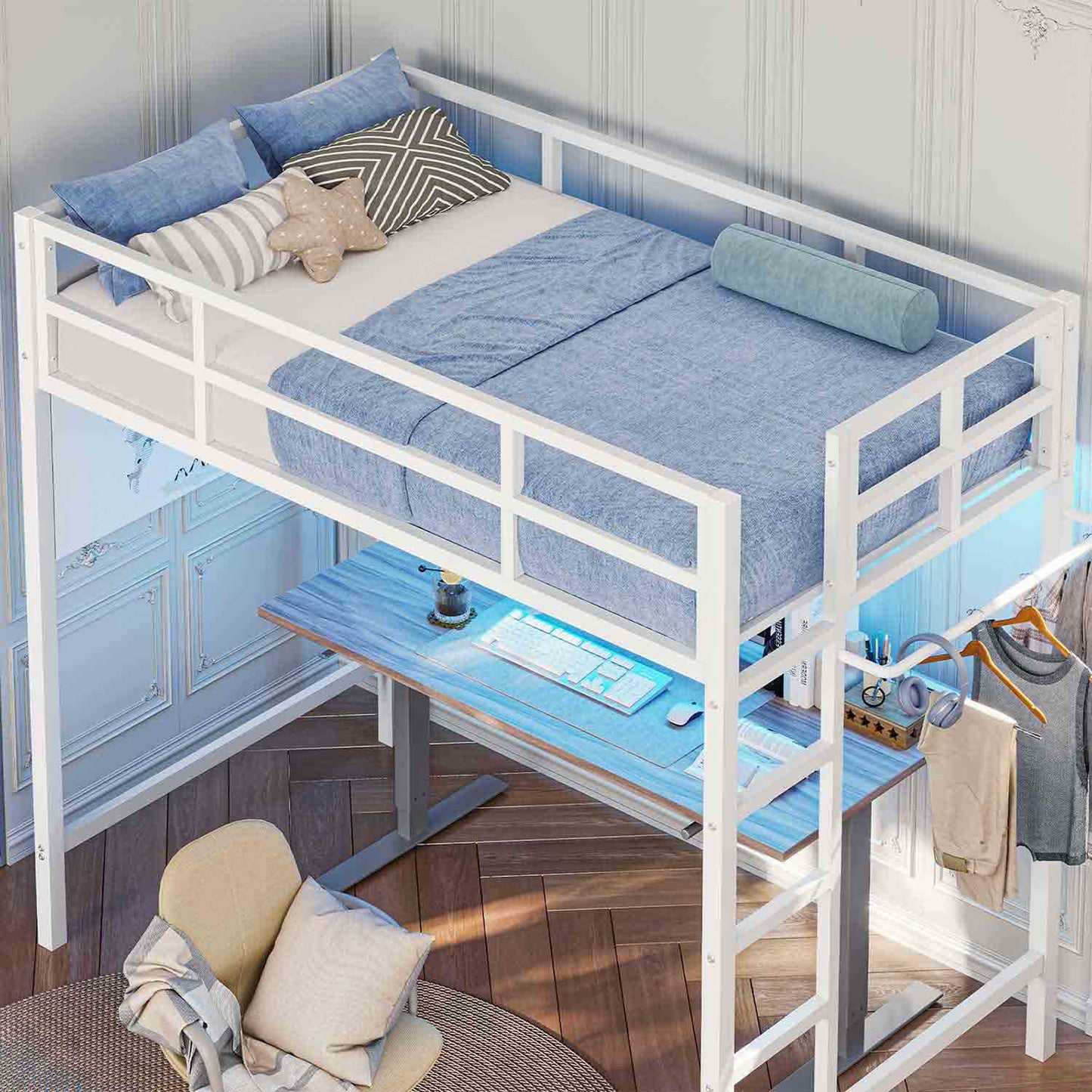 Metal Loft Bed Frame with LED Lights White