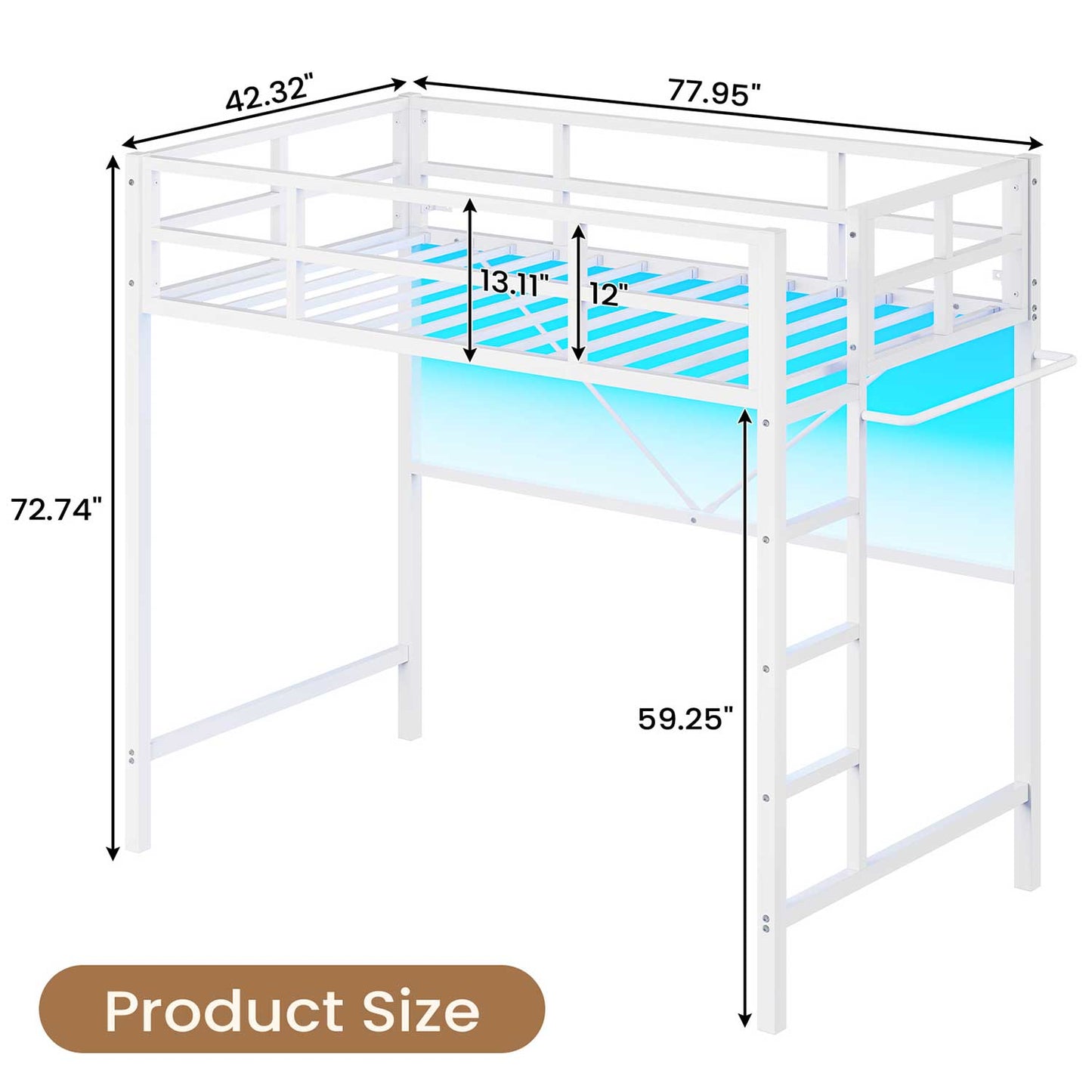 Metal Loft Bed Frame with LED Lights White