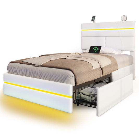 Twin Size PU Leather Upholstered LED Bed Frame White