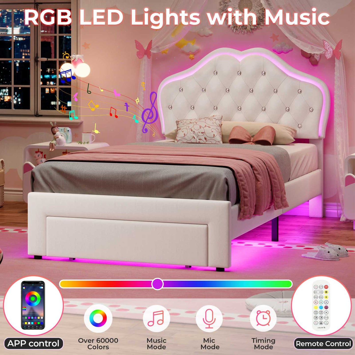 Twin Size Velvet Princess LED Bed Frame White